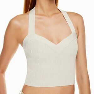 Aritzia Babaton Cream Parrish Ribbed Sculpt Knit Halter Crop Top Thick Beige XXS
